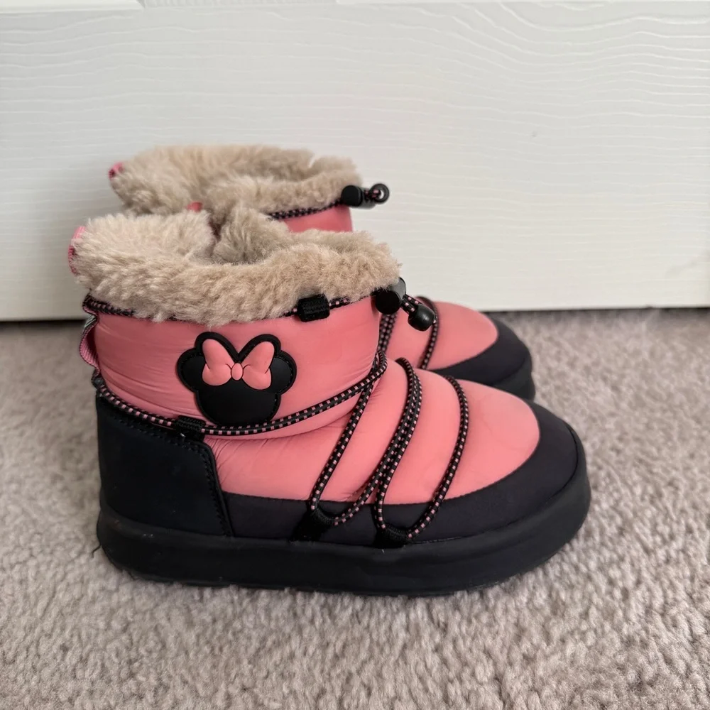 ZARA GIRLS Mickey Mouse  Disney quilted snow boots black pink warm size 10.5